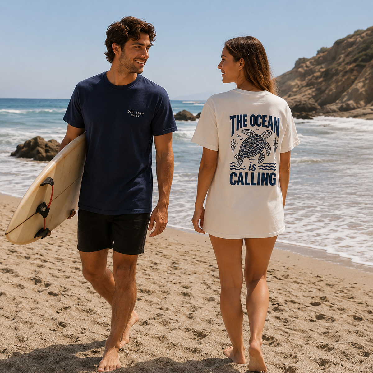 Polo de algodón en la playa, azul y blanco hueso