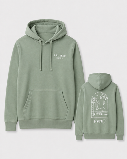Verde | Polera con capucha verde, foto de estudio, frente y espalda con print Perú